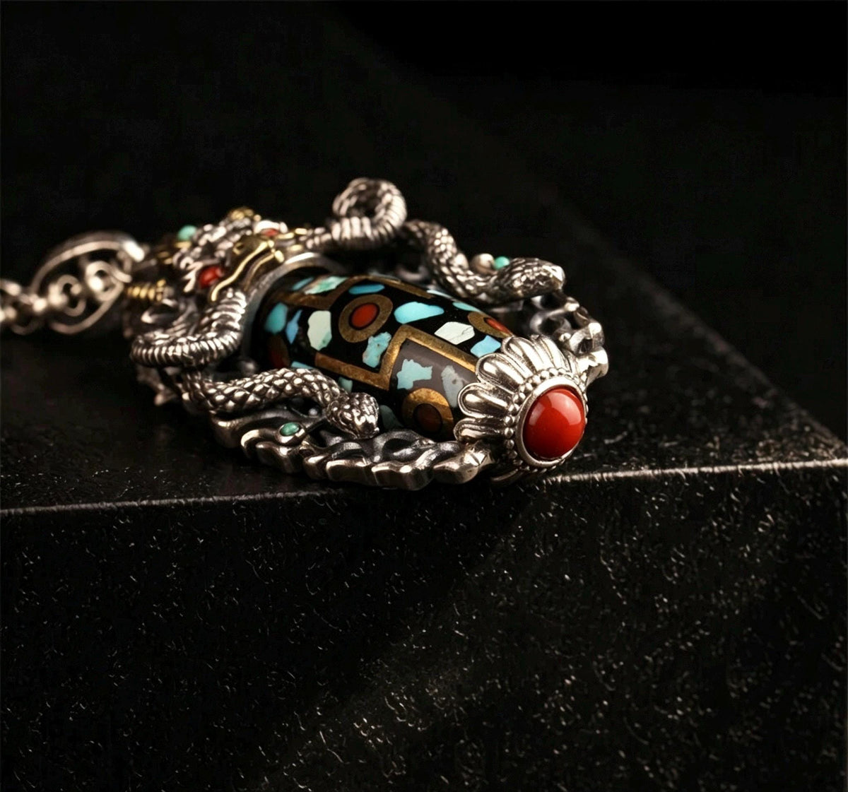 Handcrafted 925 Sterling Silver Garuda Eagle Pendant, Vintage Brass Inlay Dzi Bead Spinning Necklace Charm, Ethnic Jewelry Gift