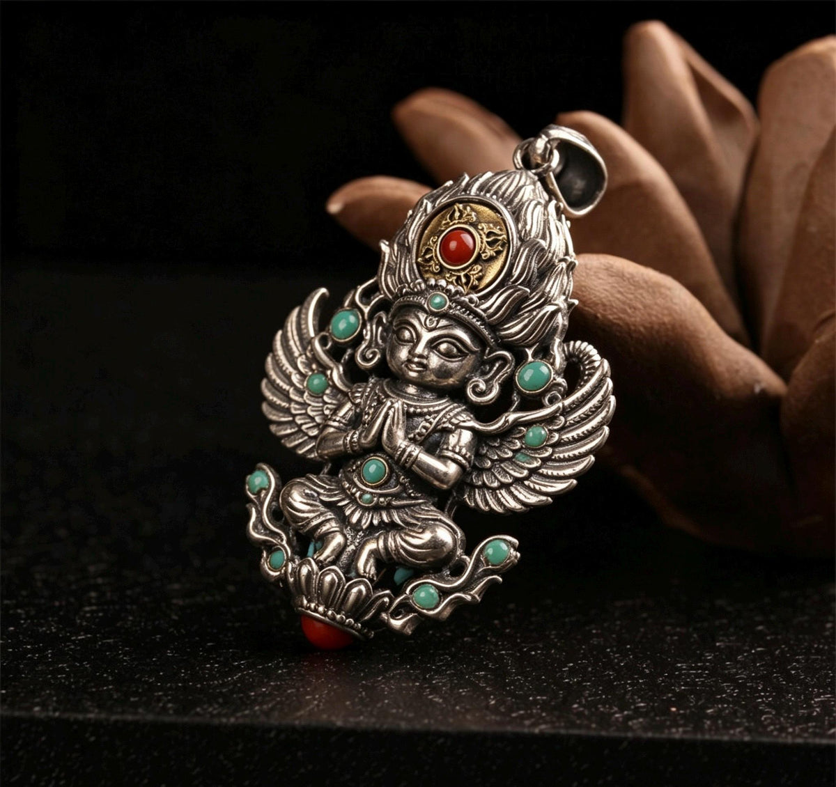 Handcrafted 925 Sterling Silver Garuda Eagle Pendant, Vintage Brass Inlay Dzi Bead Spinning Necklace Charm, Ethnic Jewelry Gift