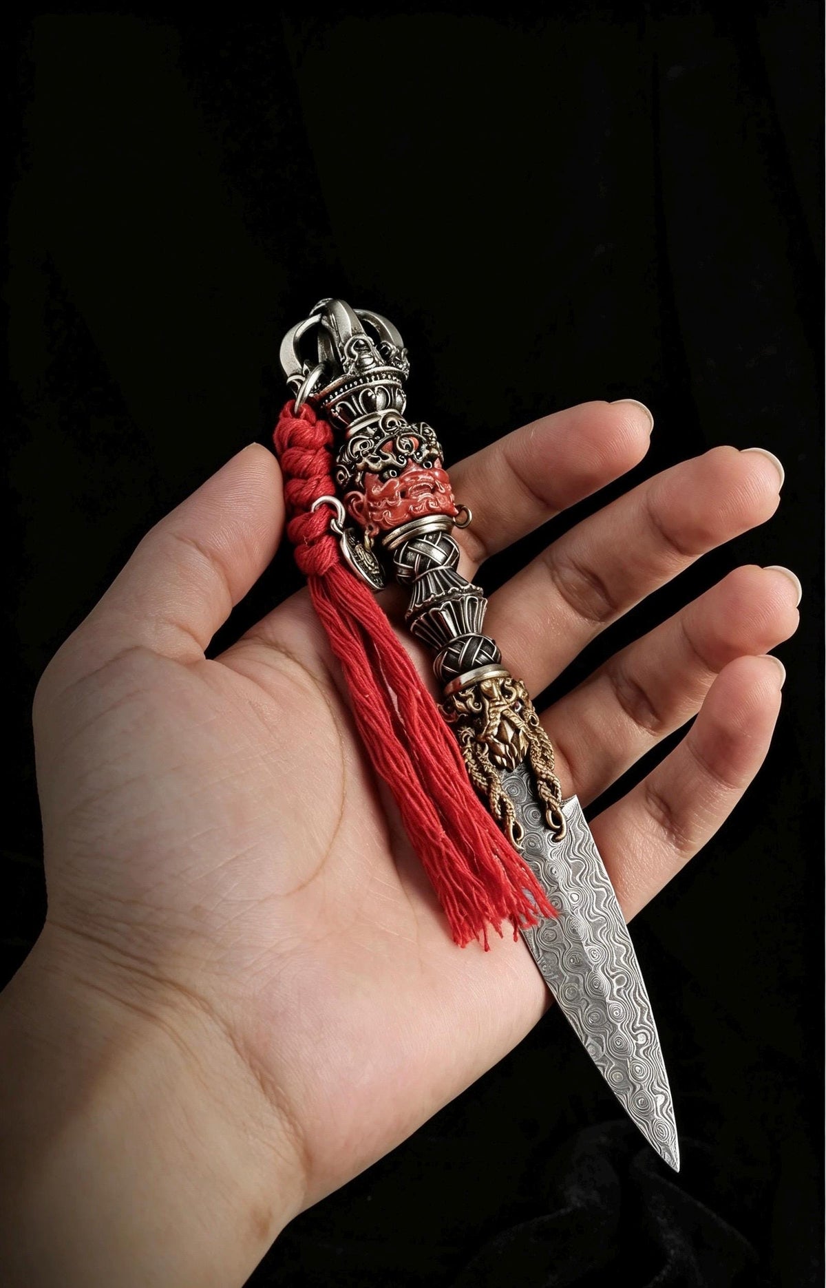Handcrafted Damascus Steel Tea Knife Brass Mahakala Phurba Tea Pick, Puerh Tea Needle Tool Asian Tea Ceremony Accessories Gift for Him