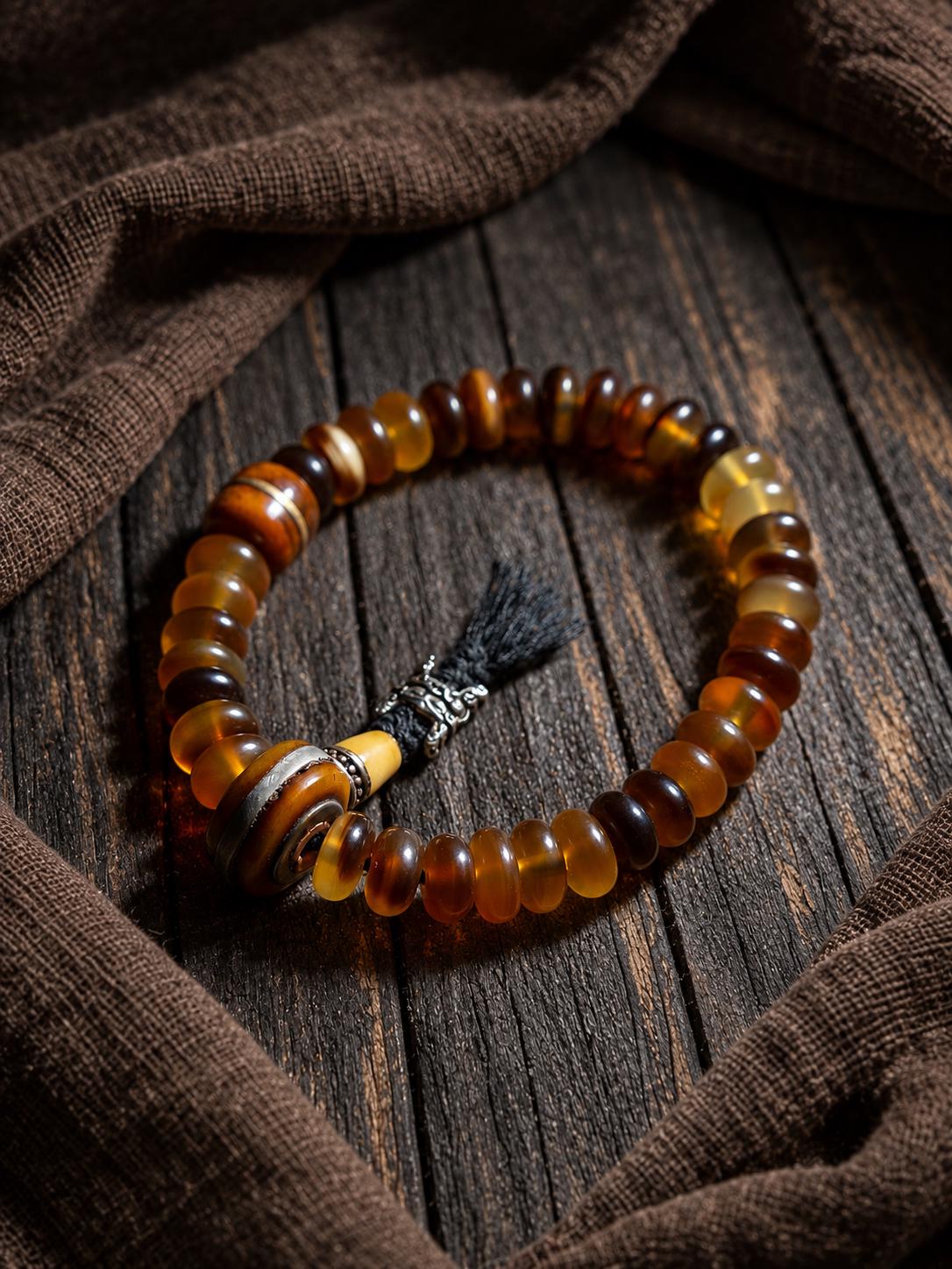 EverestArtStudios Amber-Toned Sheep Horn Bracelet, Tibetan Style with Yak Bone and Sandalwood Accents, Tassel or Guru Bead