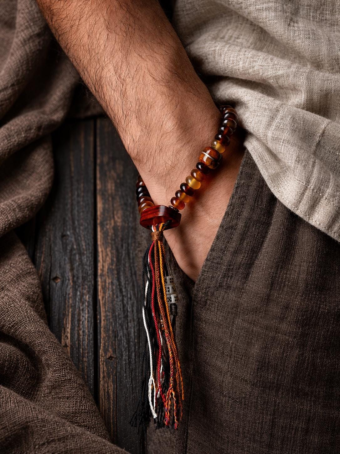 EverestArtStudios Amber-Toned Sheep Horn Bracelet, Tibetan Style with Yak Bone and Sandalwood Accents, Tassel or Guru Bead