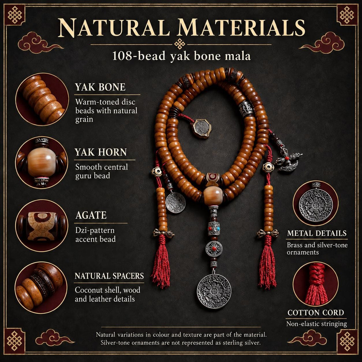 EverestArtStudios 108-Bead Yak Bone Mala Necklace, 12mm Tibetan-Style Prayer Beads, Counters and Pendants