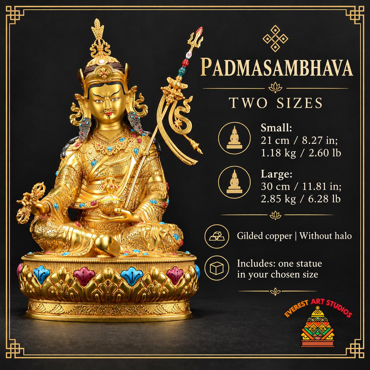 EverestArtStudios Padmasambhava Gilded Copper Statue, Guru Rinpoche Buddhist Sculpture, Two Sizes