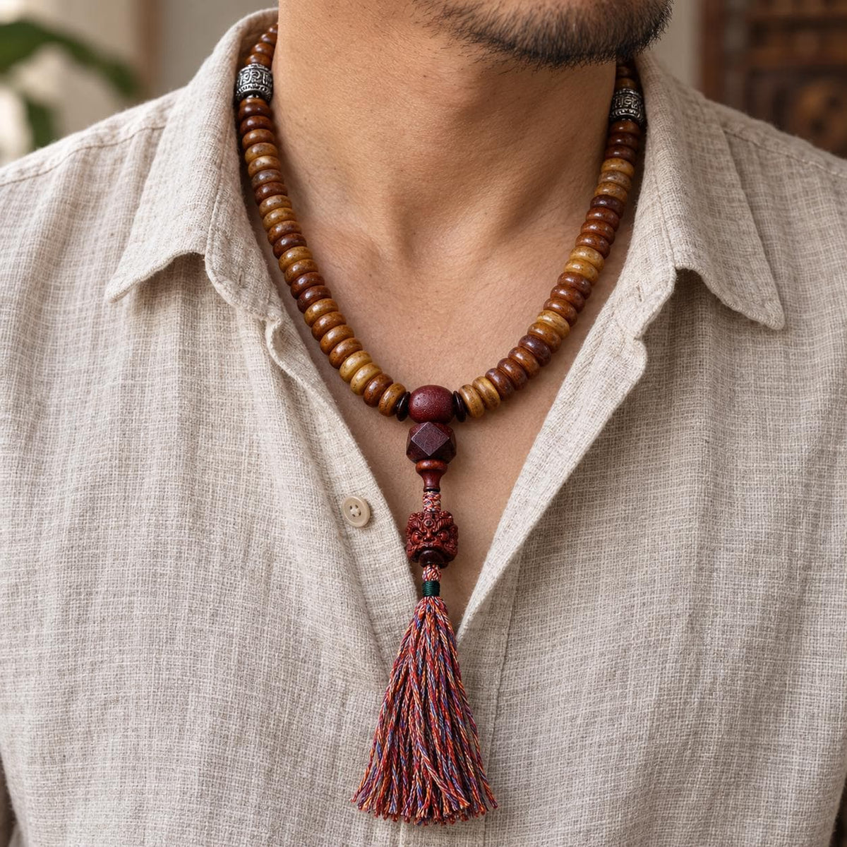 EverestArtStudios Yak Bone 108 Bead Mala, 12mm Prayer Beads, Nine Palace Pendant, Counter Beads or Pixiu Tassel