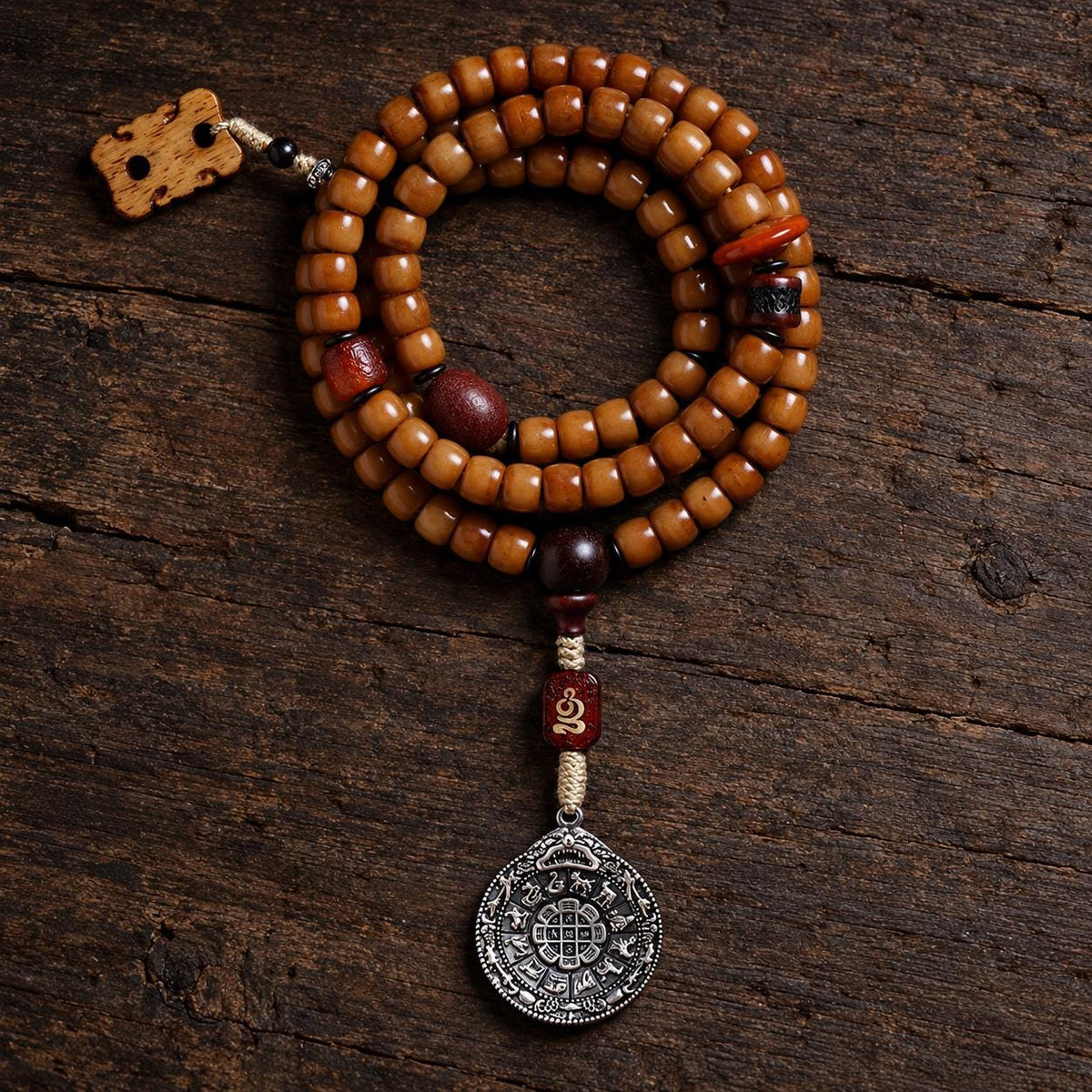 EverestArtStudios Yak Bone 108 Bead Mala, 10mm Prayer Beads, Bagua or Double Vajra Pendant, Optional Counters