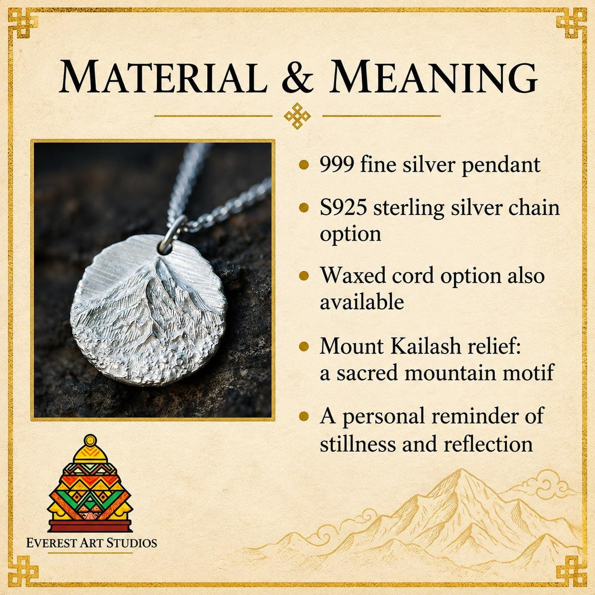 EverestArtStudios Mount Kailash 999 Fine Silver Pendant Necklace, Sacred Mountain, Waxed Cord or S925 Chain