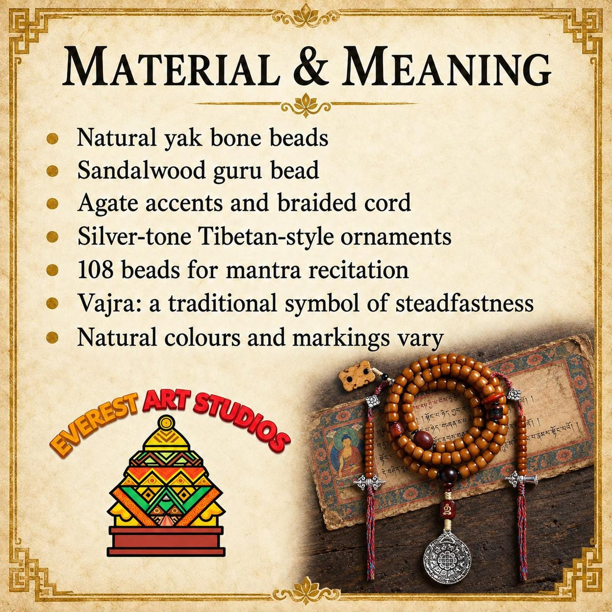 EverestArtStudios Yak Bone 108 Bead Mala, 10mm Prayer Beads, Bagua or Double Vajra Pendant, Optional Counters