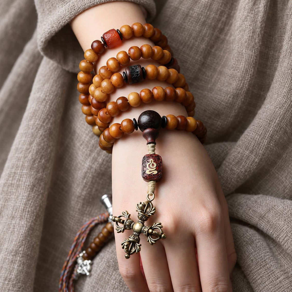 EverestArtStudios Yak Bone 108 Bead Mala, 10mm Prayer Beads, Bagua or Double Vajra Pendant, Optional Counters