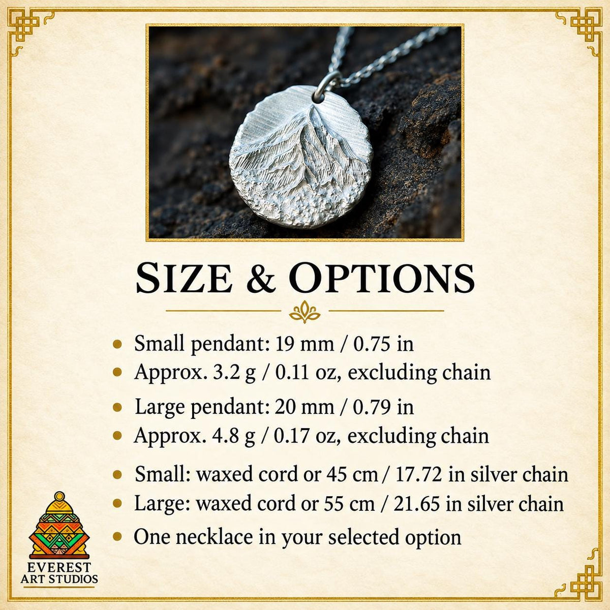 EverestArtStudios Mount Kailash 999 Fine Silver Pendant Necklace, Sacred Mountain, Waxed Cord or S925 Chain