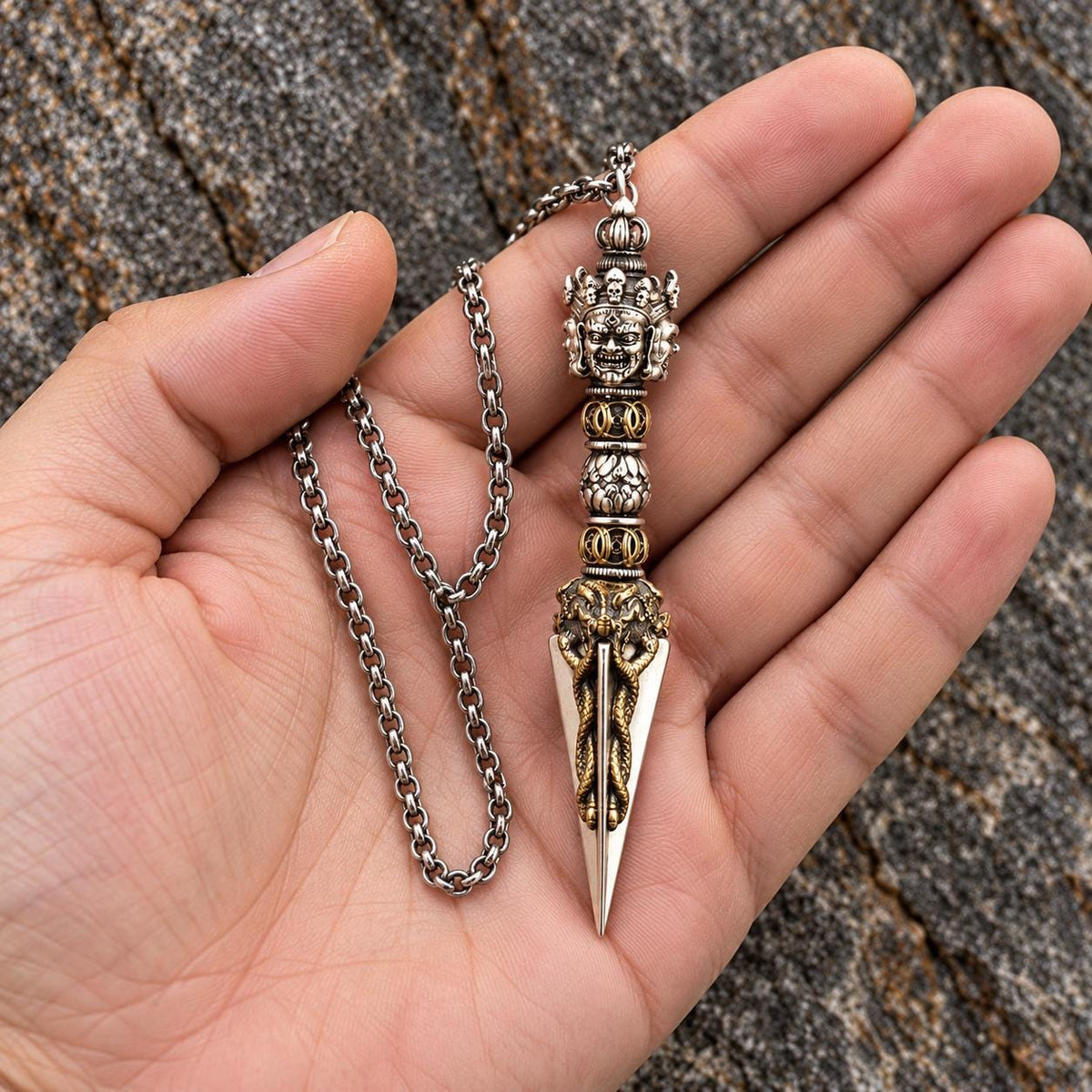 Tibetan Style Phurba Pendant and Altar Display, 8 Sizes with Chain or Base — image 2