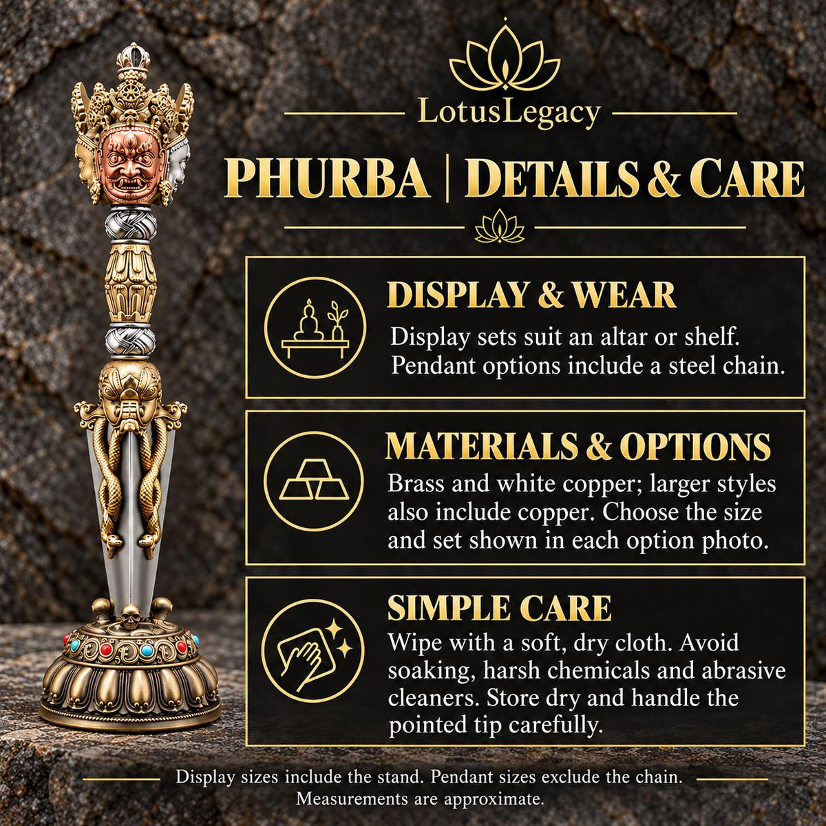 Tibetan Style Phurba Pendant and Altar Display, 8 Sizes with Chain or Base — image 13