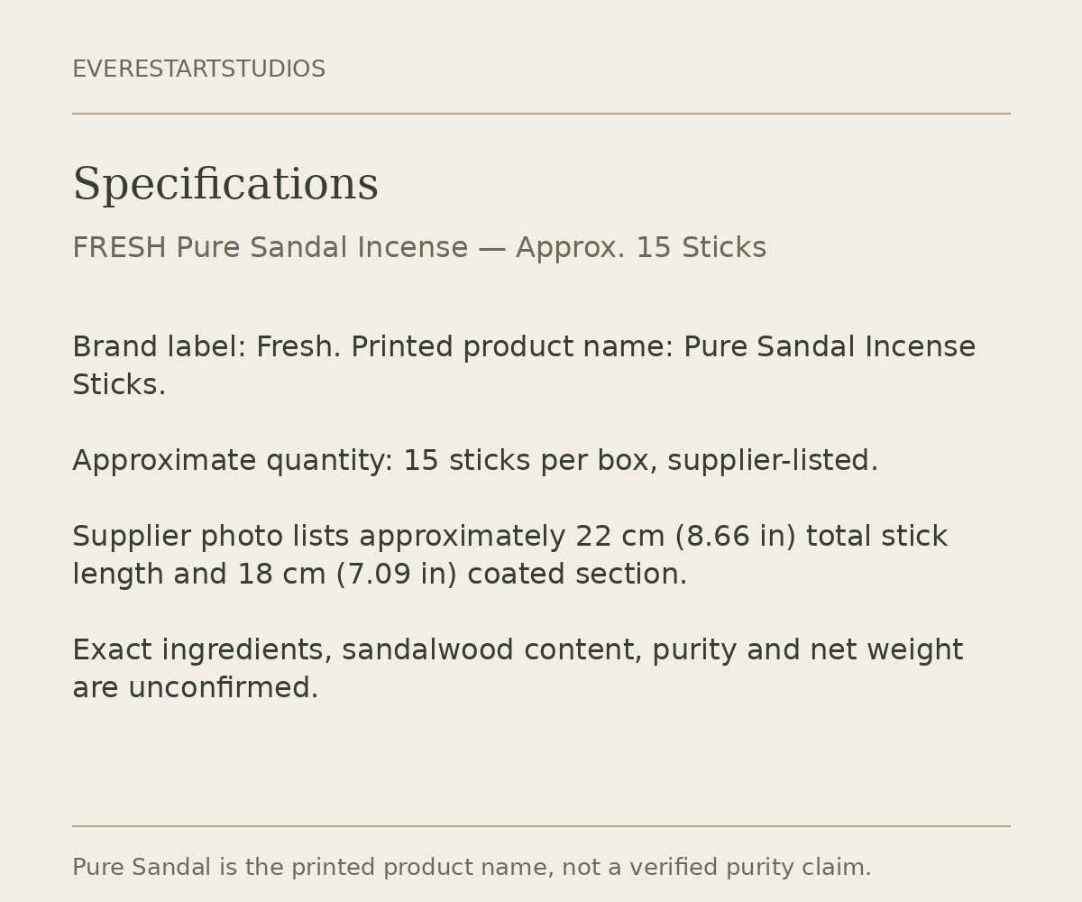 FRESH Pure Sandal incense retail box: specifications