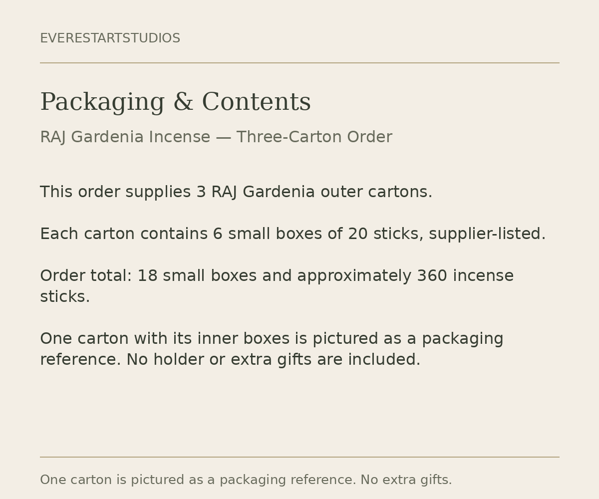 RAJ Gardenia three-carton order: packaging