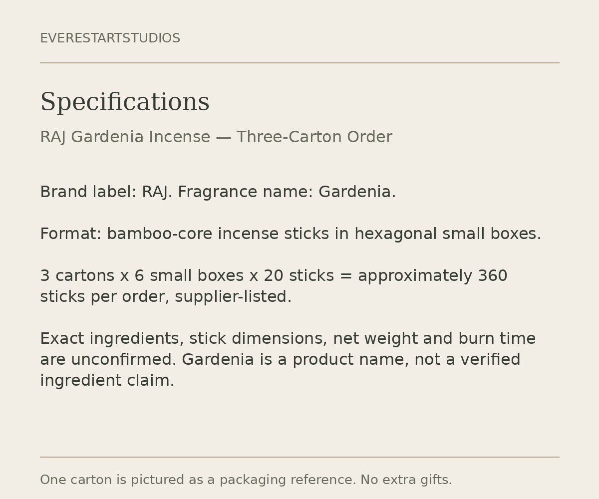 RAJ Gardenia three-carton order: specifications