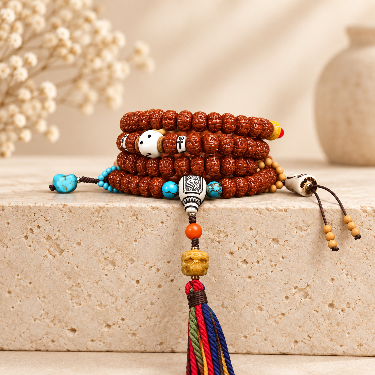 EverestArtstudios Tibetan Double-Dragon Five-Petal Rudraksha 108-Bead Mala Necklace — side detail