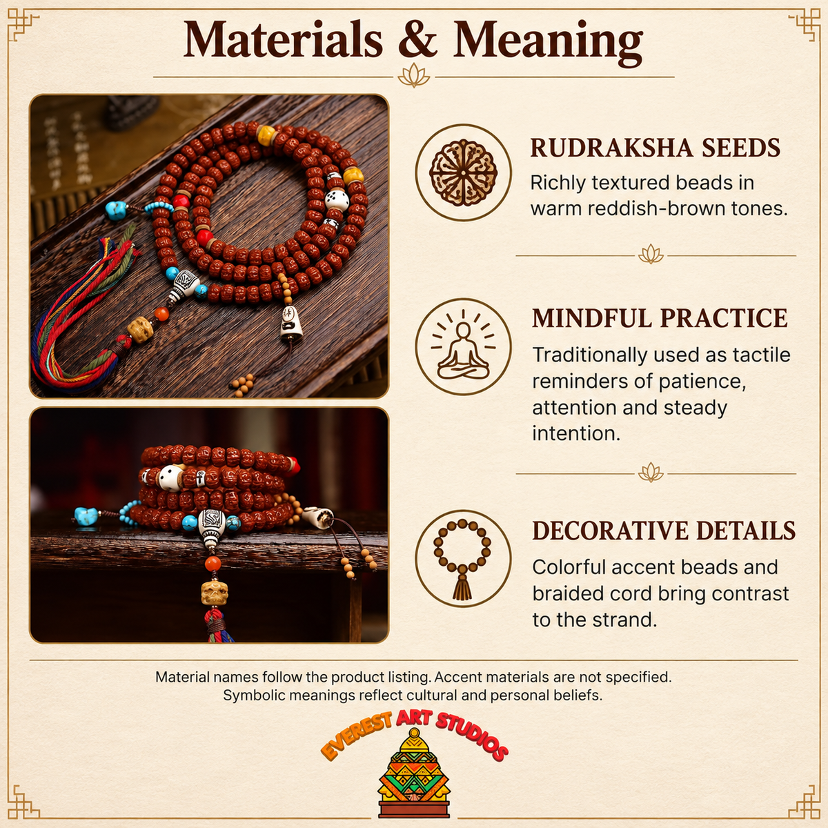 Mala Rudraksha de doble dragón, 108 cuentas – Material y simbolismo tradicional