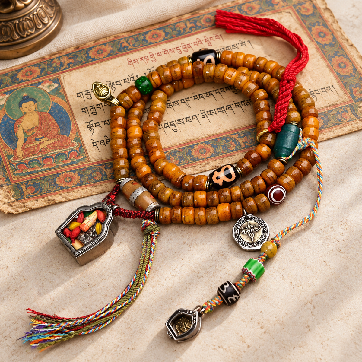 EverestArtstudios Tibetan Vintage Camel Bone Barrel-Bead 108-Bead Mala Wrap Bracelet — full product