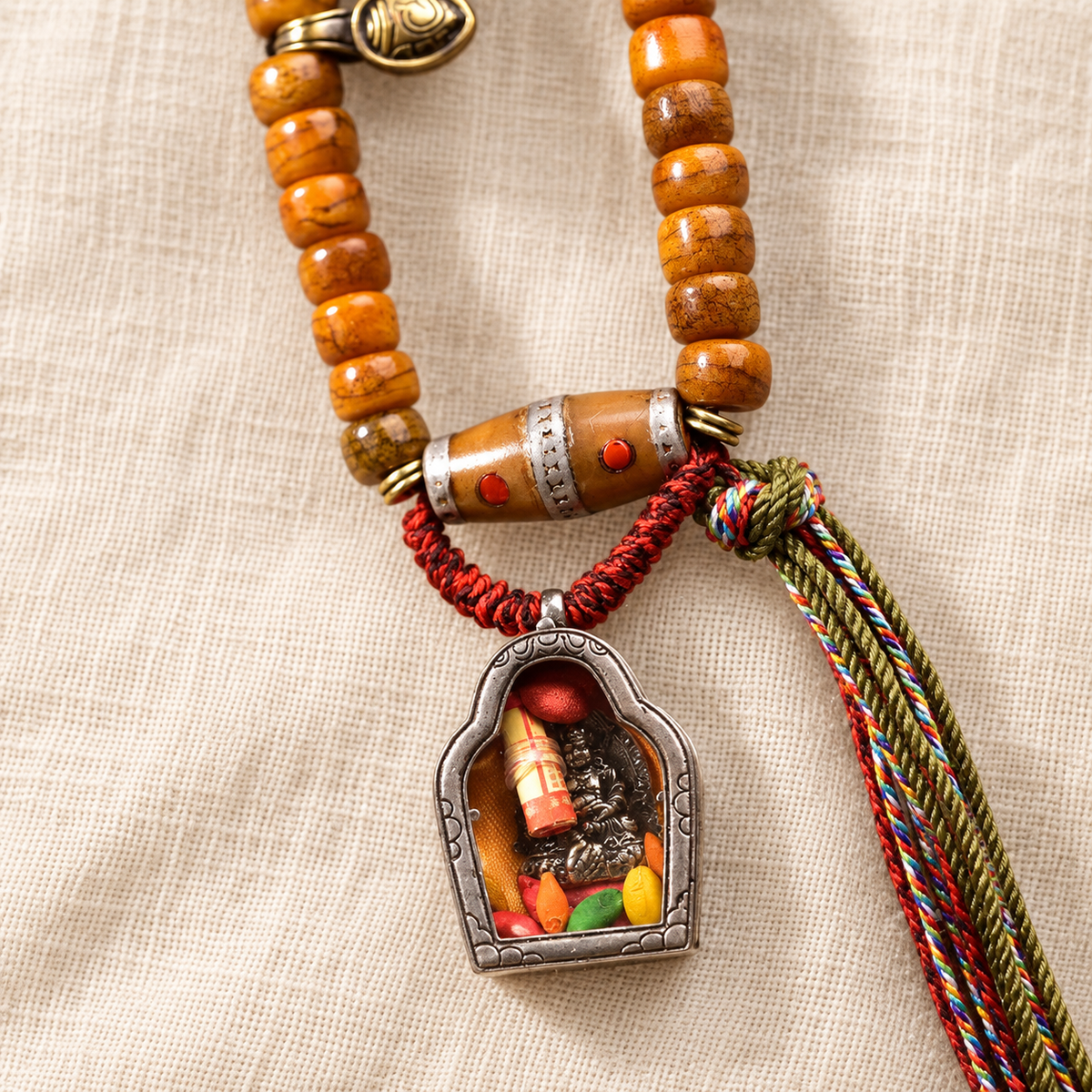 EverestArtstudios Tibetan Vintage Camel Bone Barrel-Bead 108-Bead Mala Wrap Bracelet — pendant detail