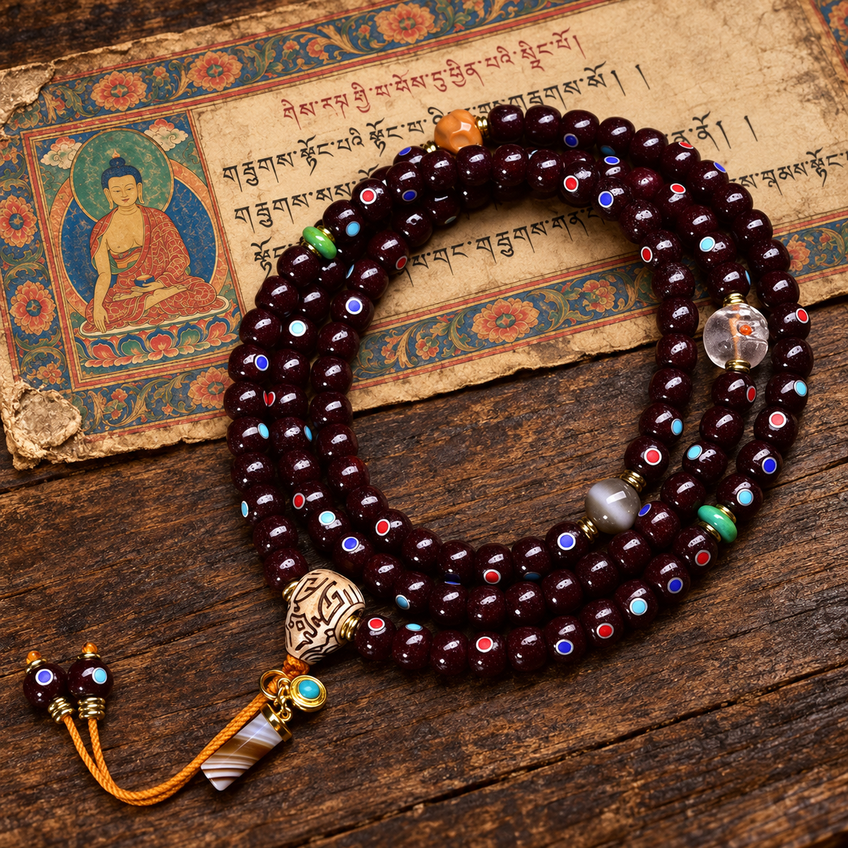 EverestArtstudios Xingyue-Bodhi-Mala mit Zinnober-Finish, 108 Perlen