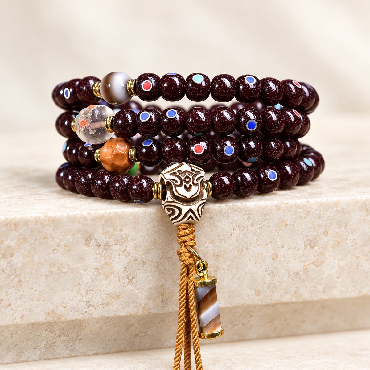 EverestArtstudios Xingyue-Bodhi-Mala mit Zinnober-Finish, 108 Perlen
