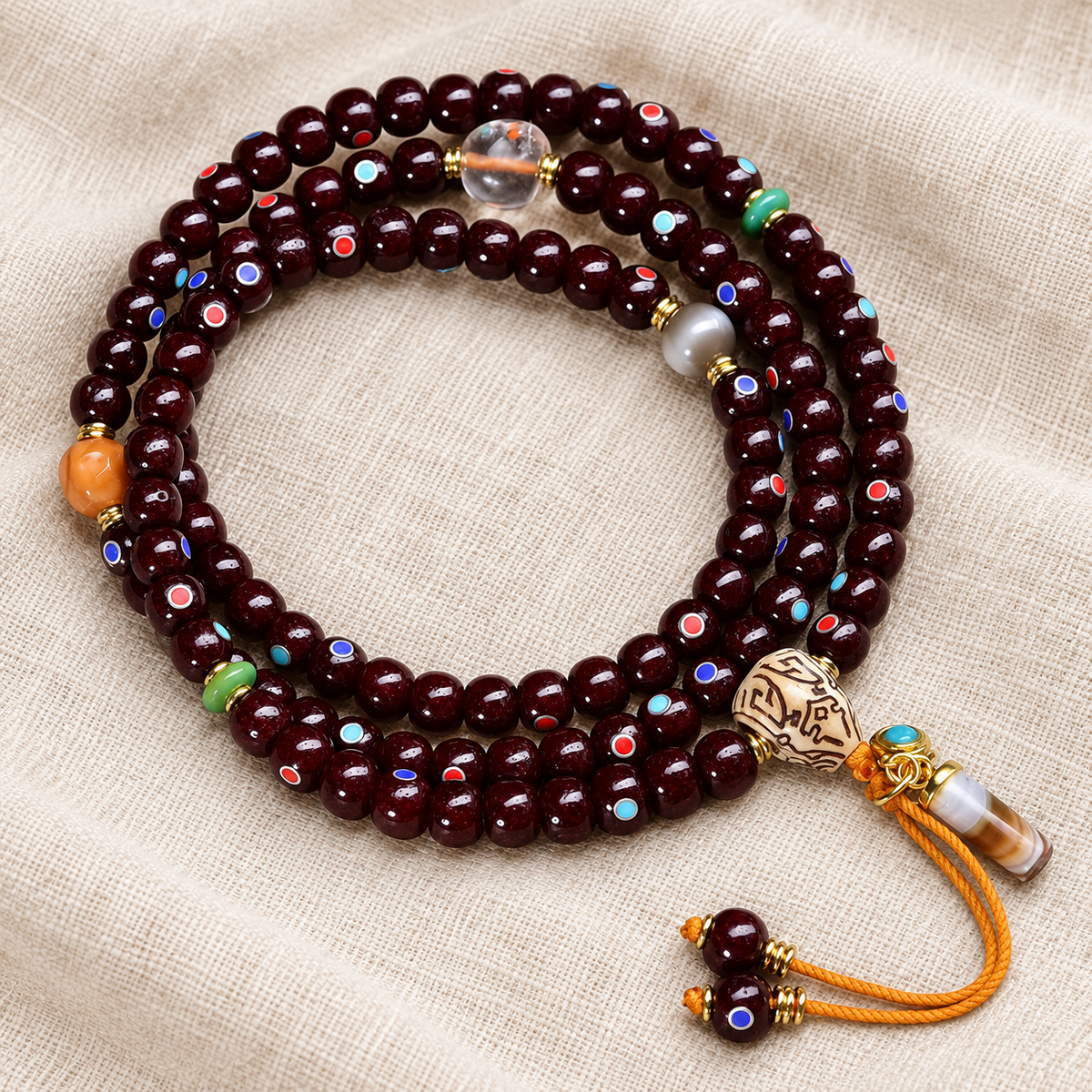 EverestArtstudios Xingyue-Bodhi-Mala mit Zinnober-Finish, 108 Perlen