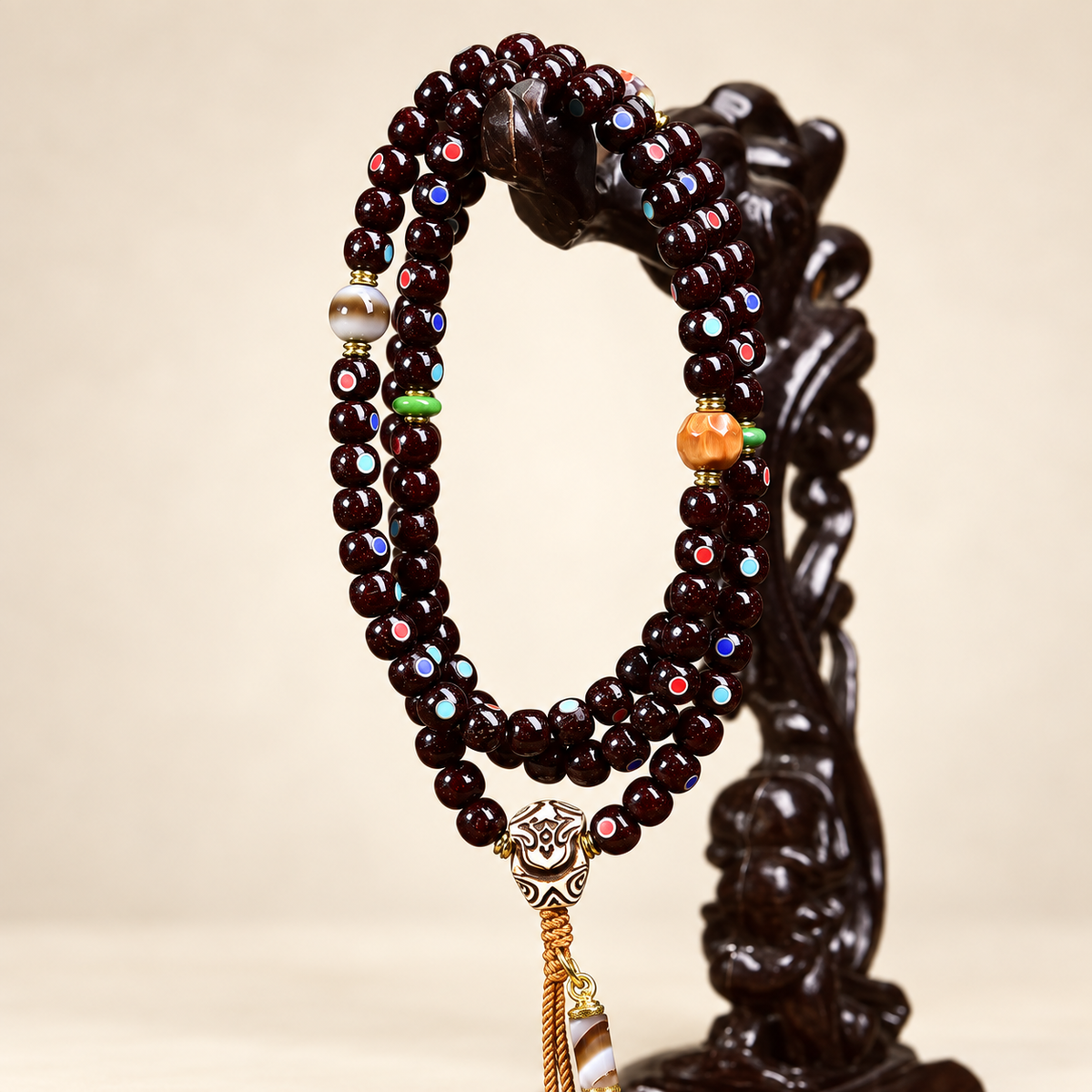 EverestArtstudios Xingyue-Bodhi-Mala mit Zinnober-Finish, 108 Perlen
