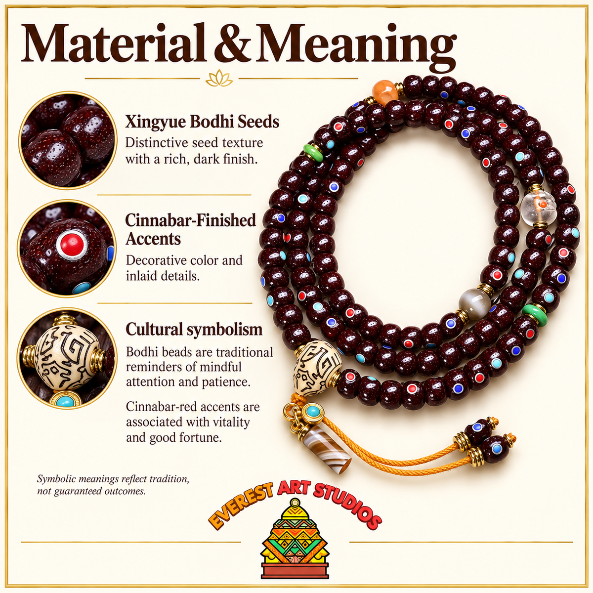 EverestArtstudios Xingyue-Bodhi-Mala mit Zinnober-Finish, 108 Perlen – Material und traditionelle Symbolik