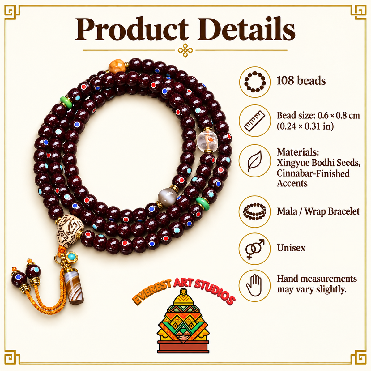 EverestArtstudios Xingyue-Bodhi-Mala mit Zinnober-Finish, 108 Perlen