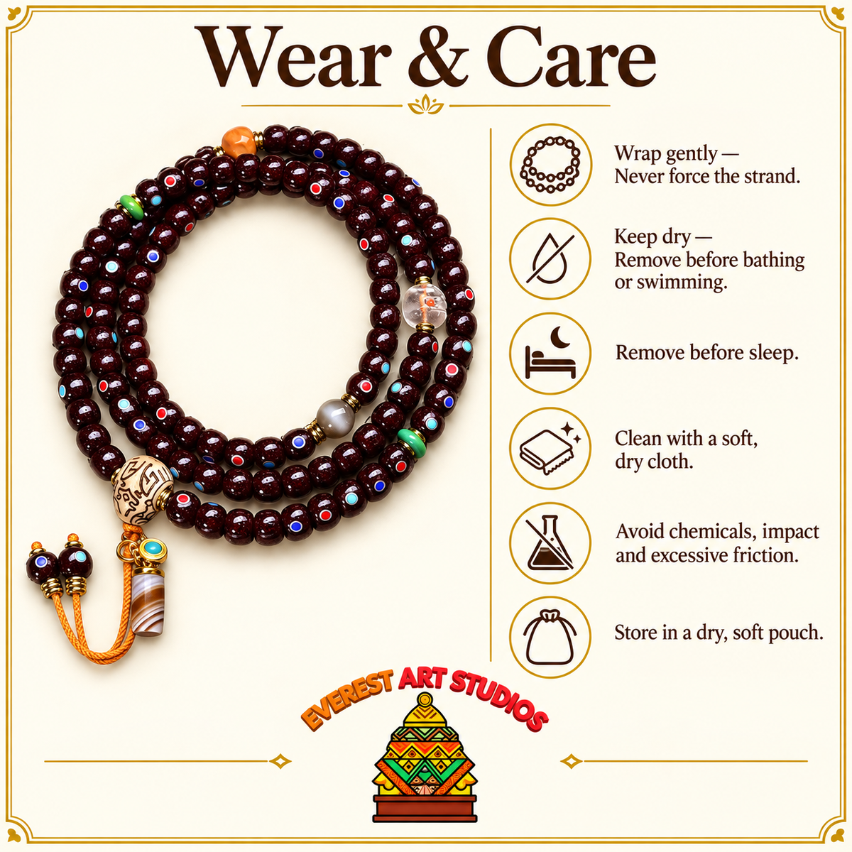 EverestArtstudios Xingyue-Bodhi-Mala mit Zinnober-Finish, 108 Perlen – Pflegehinweise