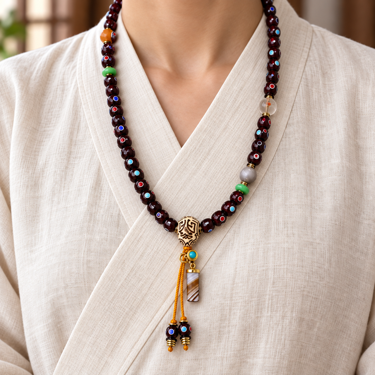 EverestArtstudios Xingyue-Bodhi-Mala mit Zinnober-Finish, 108 Perlen