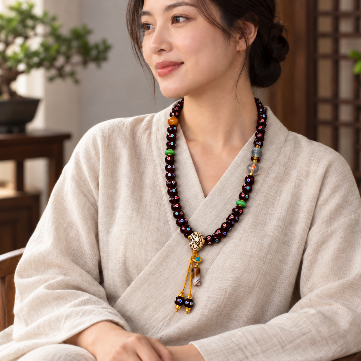 EverestArtstudios Xingyue-Bodhi-Mala mit Zinnober-Finish, 108 Perlen