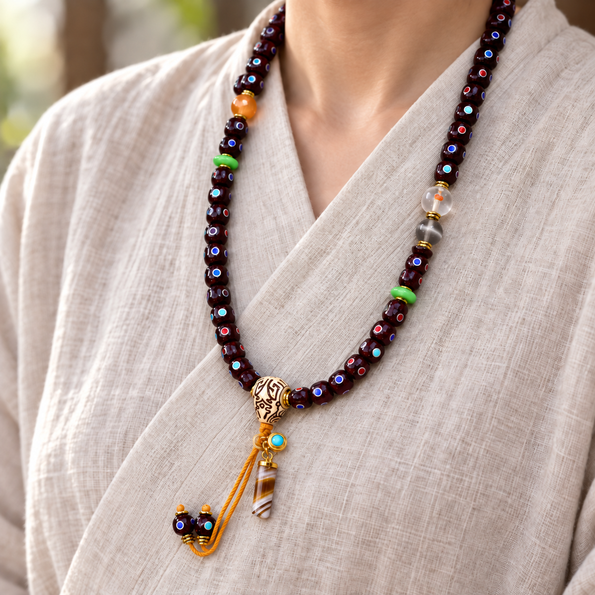 EverestArtstudios Xingyue-Bodhi-Mala mit Zinnober-Finish, 108 Perlen