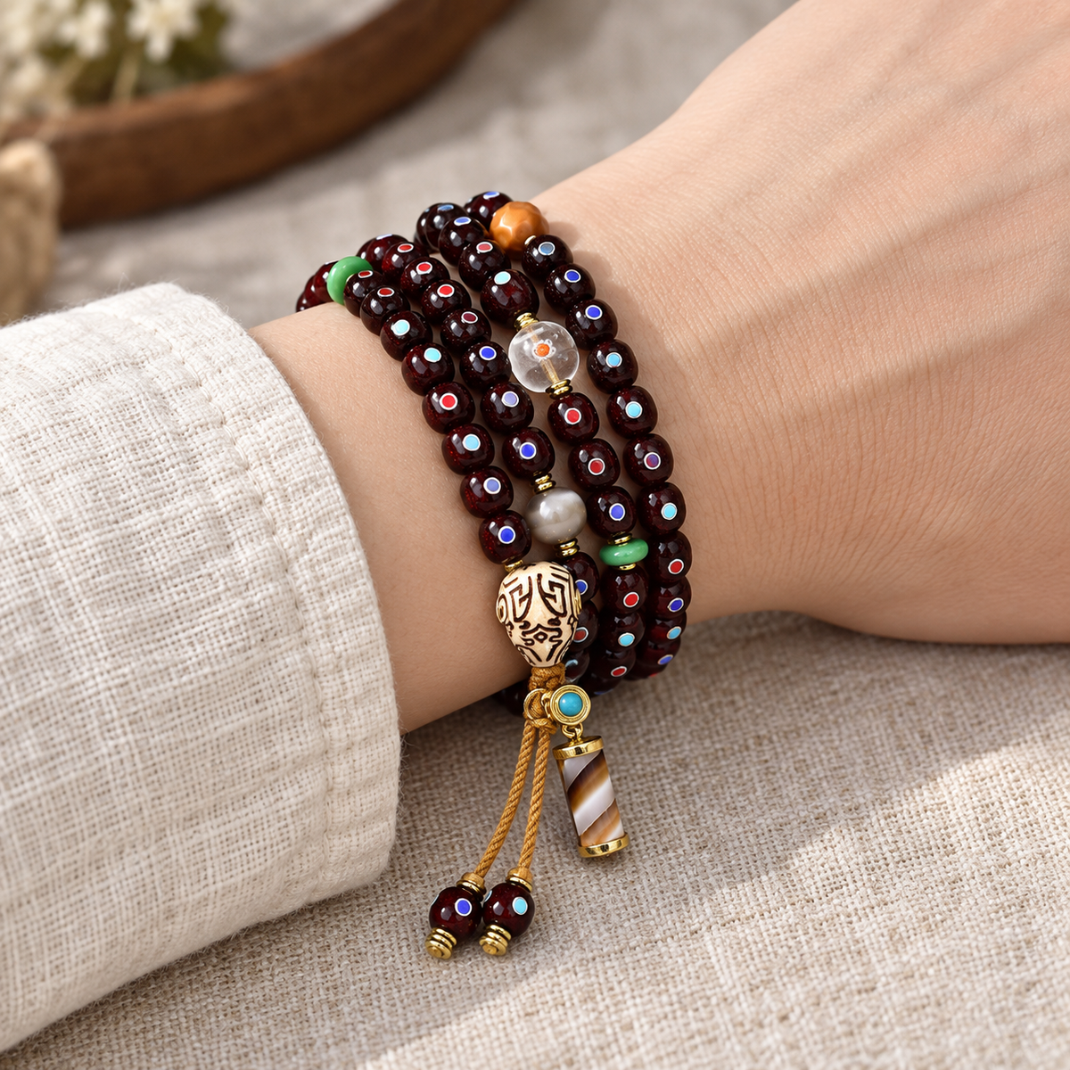 EverestArtstudios Xingyue-Bodhi-Mala mit Zinnober-Finish, 108 Perlen