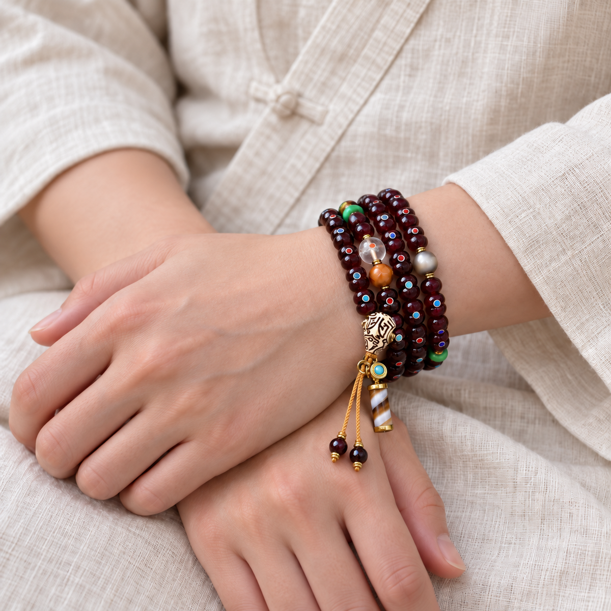 EverestArtstudios Xingyue-Bodhi-Mala mit Zinnober-Finish, 108 Perlen