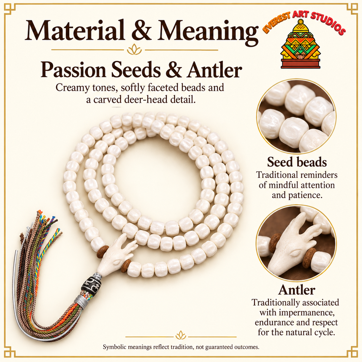 Mala 108 perles graines et bois de cervidé – Matière et symbolique traditionnelle