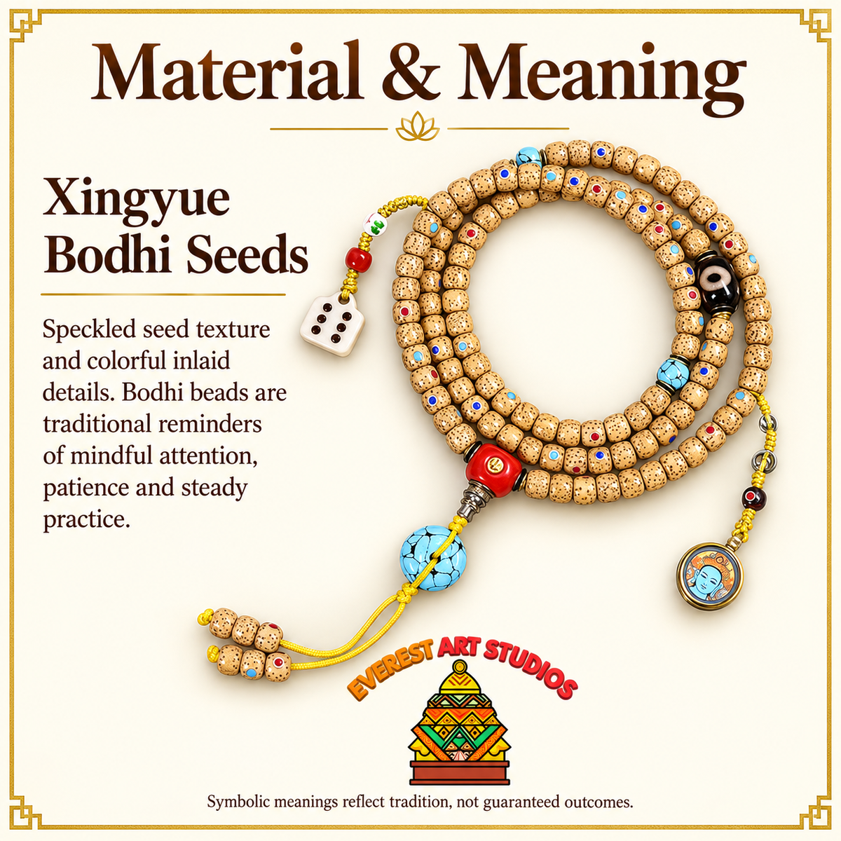 EverestArtstudios Drei-Juwelen-Xingyue-Bodhi-Mala, 108 Perlen – Material und traditionelle Symbolik