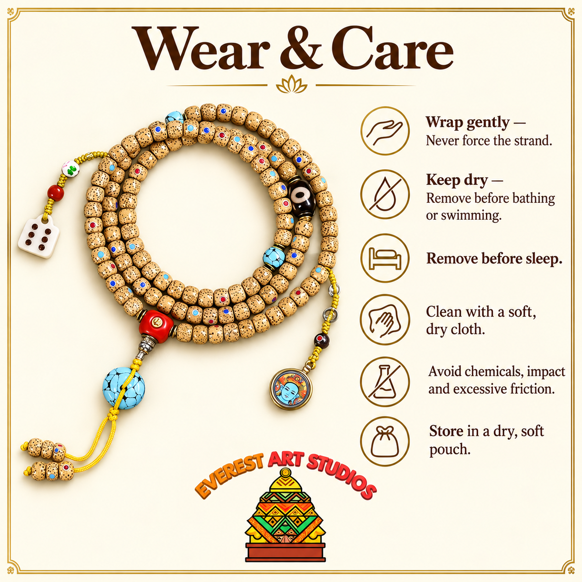 EverestArtstudios Drei-Juwelen-Xingyue-Bodhi-Mala, 108 Perlen – Pflegehinweise