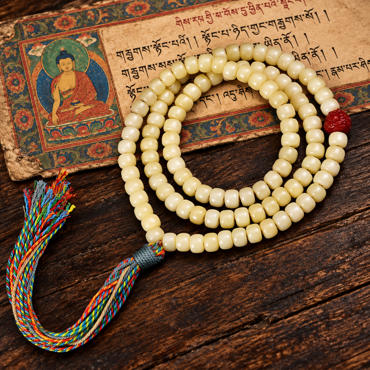 Golden white camel bone Tibetan mala — full product