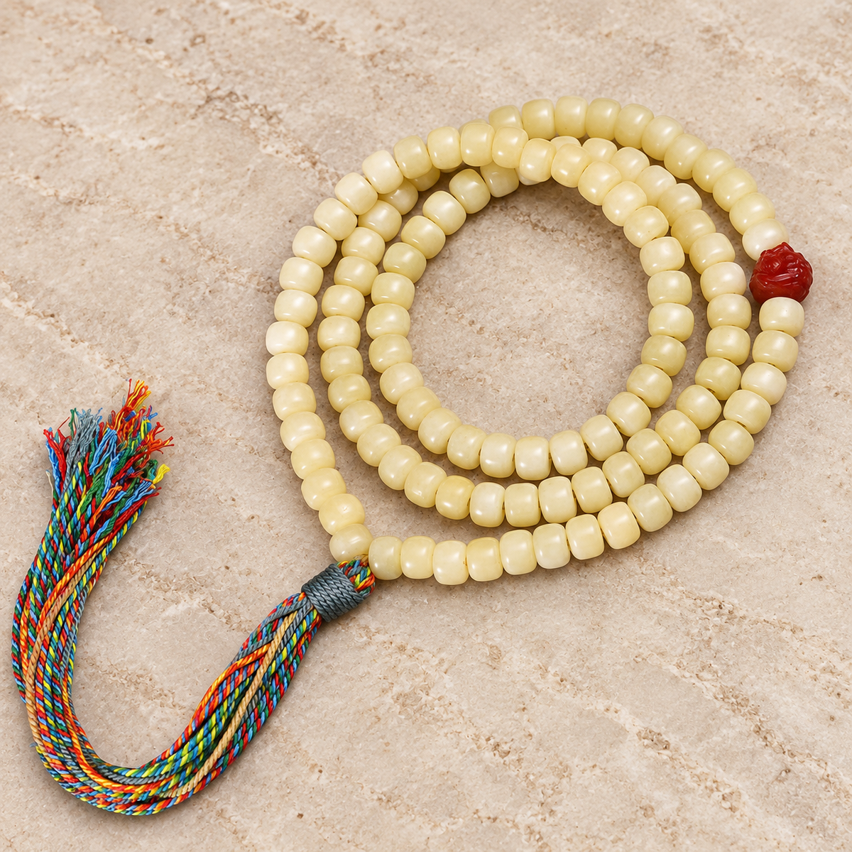 Golden white camel bone Tibetan mala — overall display