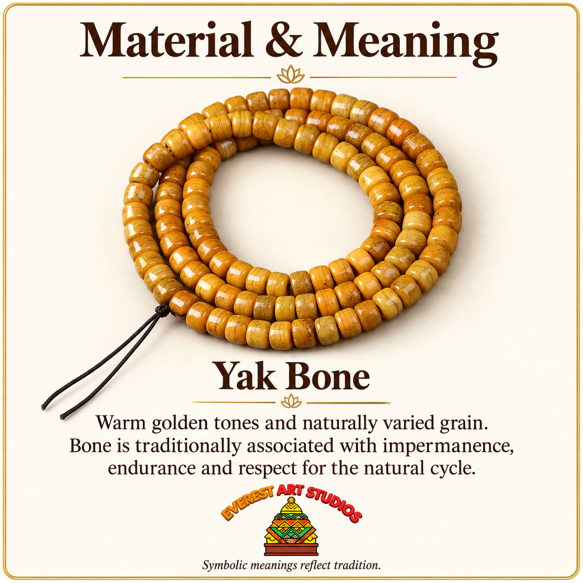 EverestArtstudios Gealterte Yakknochen-Mala, 108 Tonnenperlen – Material und traditionelle Symbolik