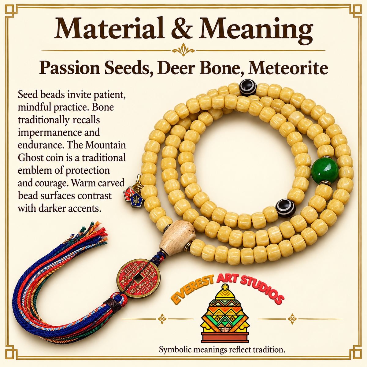 EverestArtstudios Hirschknochen-Meteorit-Mala mit Berggeist-Münze – Material und traditionelle Symbolik