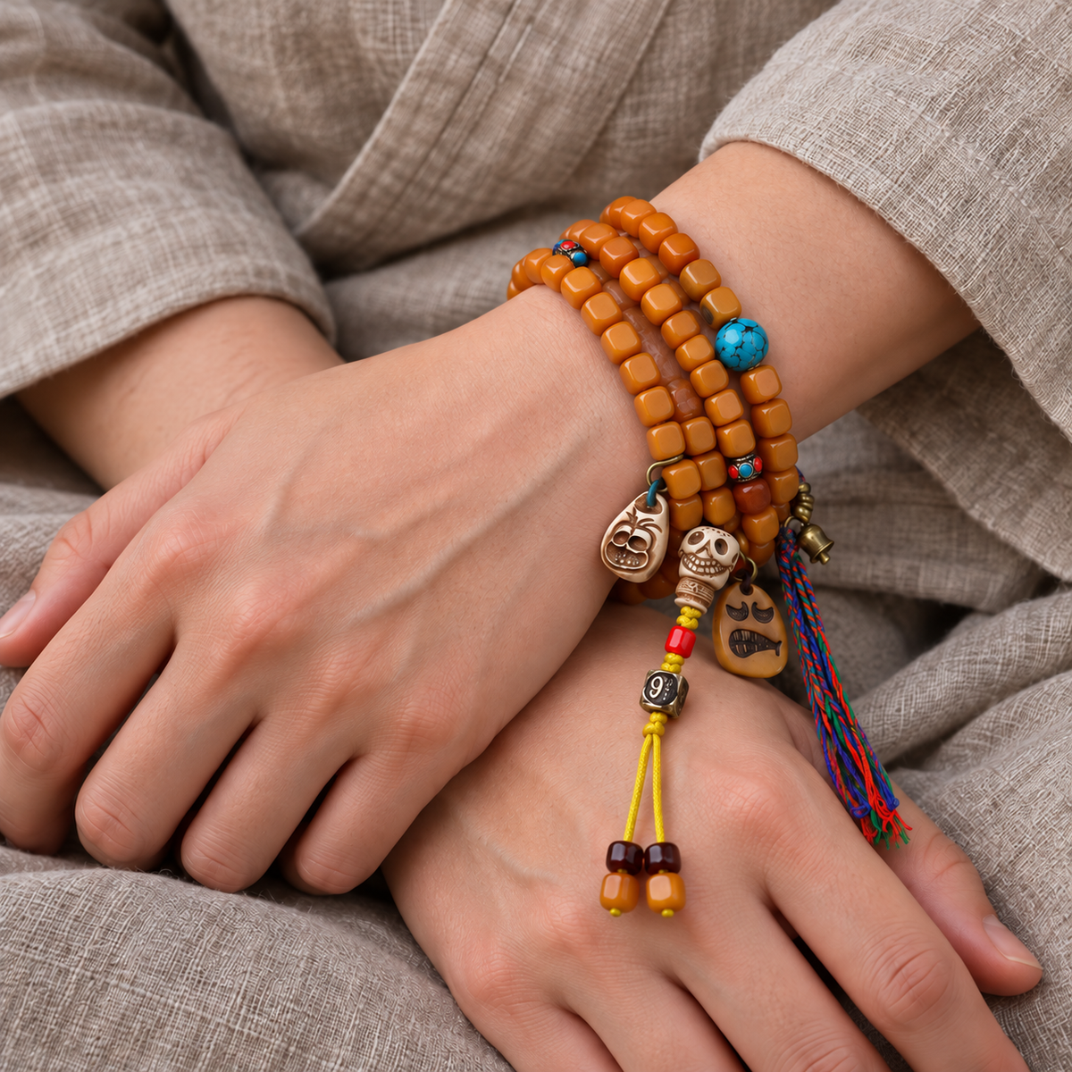 Tibetan mala — wrist crossed
