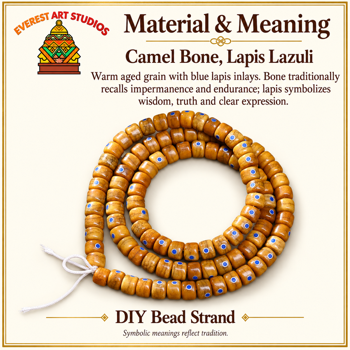 EverestArtstudios Aged Camel Bone and Lapis Inlaid Barrel-Bead 108-Bead DIY Strand — materials meaning