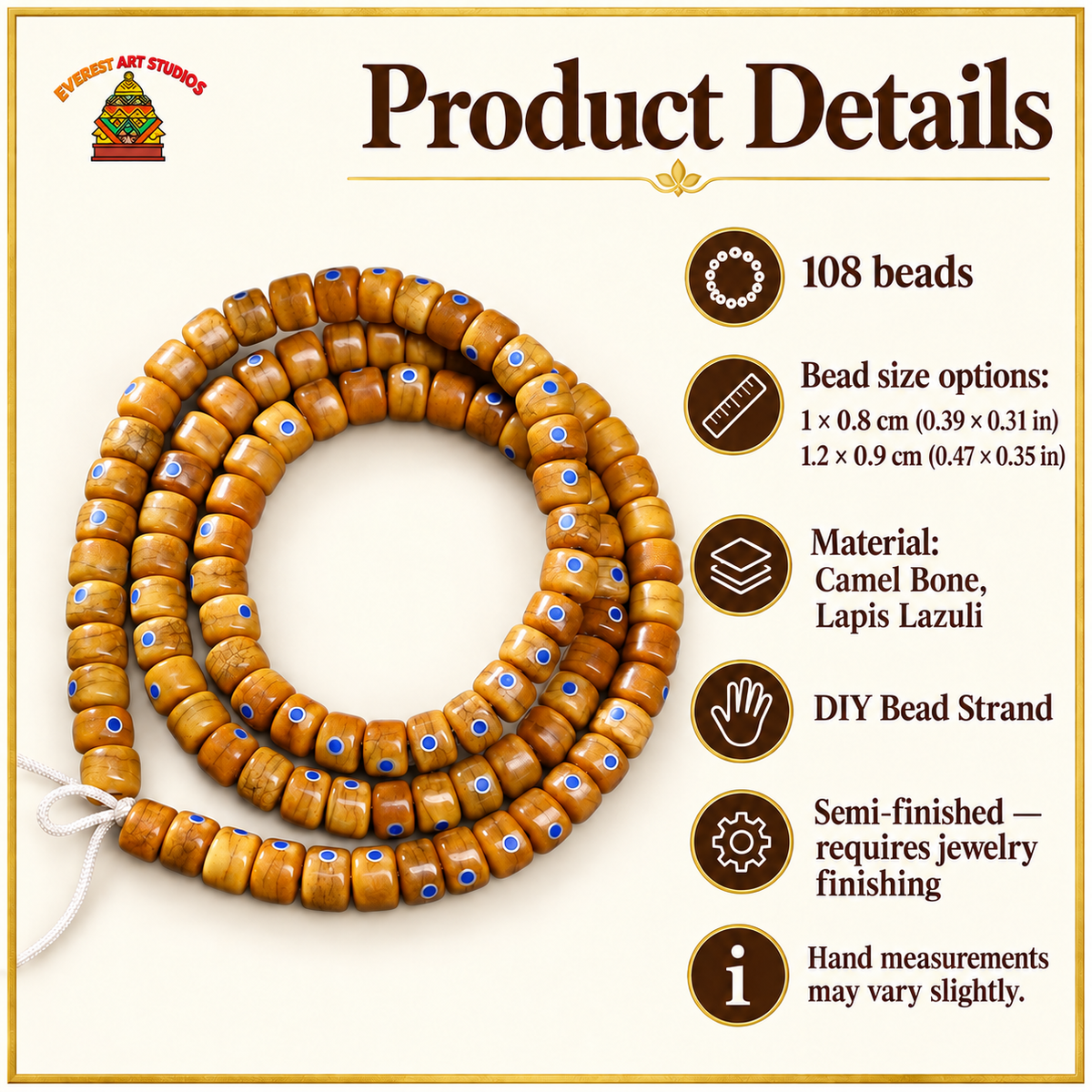 EverestArtstudios Aged Camel Bone and Lapis Inlaid Barrel-Bead 108-Bead DIY Strand — specifications