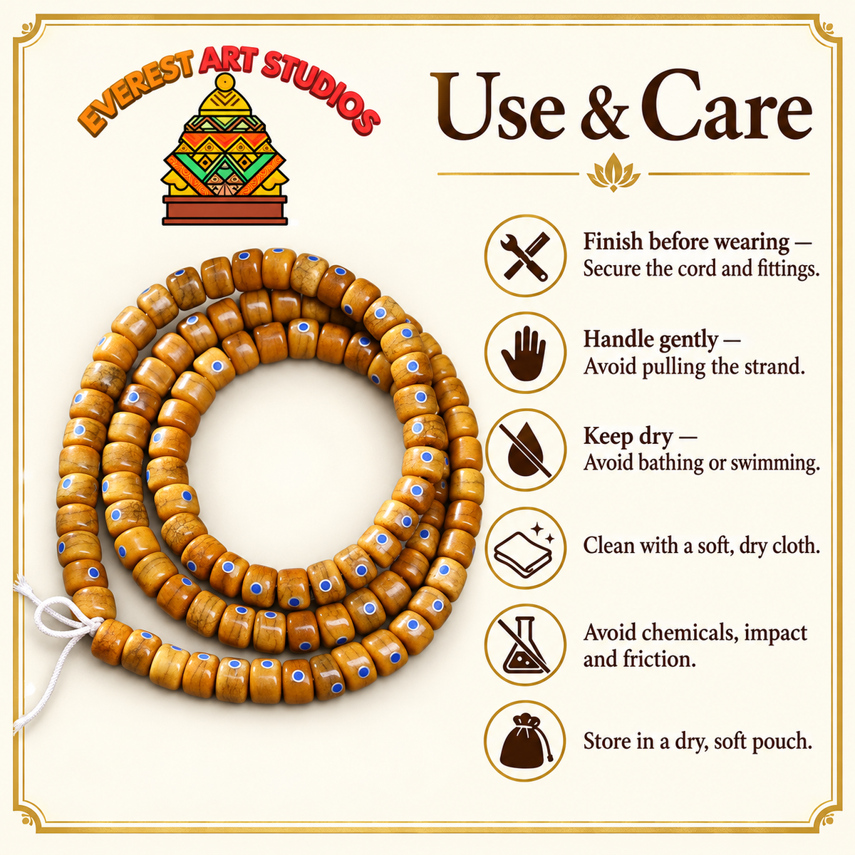 EverestArtstudios Aged Camel Bone and Lapis Inlaid Barrel-Bead 108-Bead DIY Strand — care