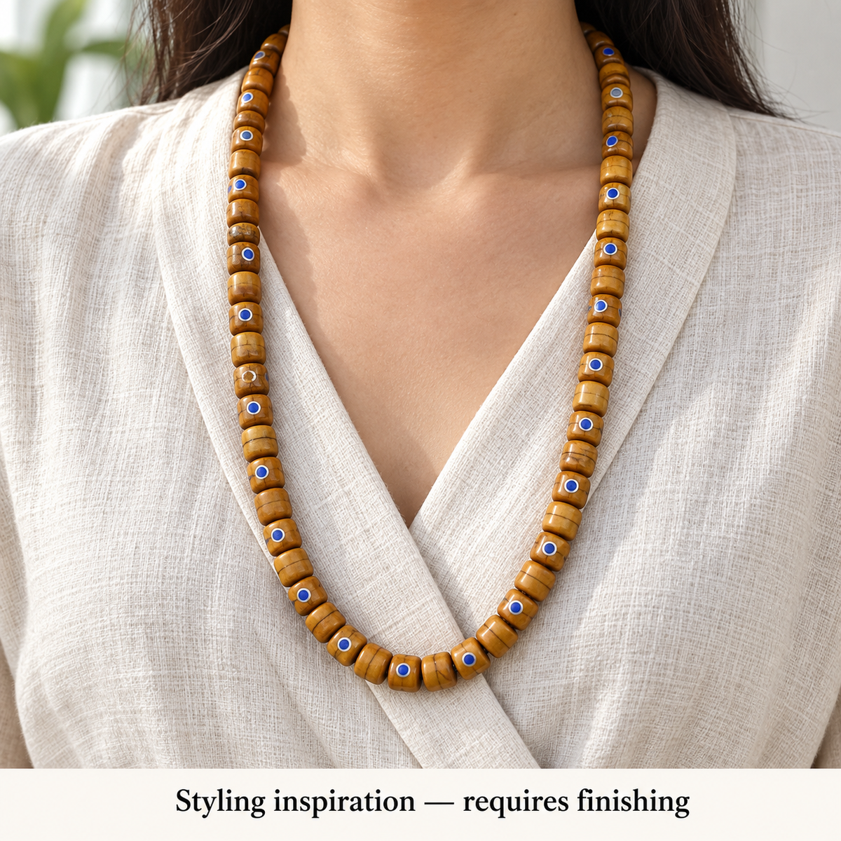 EverestArtstudios Aged Camel Bone and Lapis Inlaid Barrel-Bead 108-Bead DIY Strand — linen front