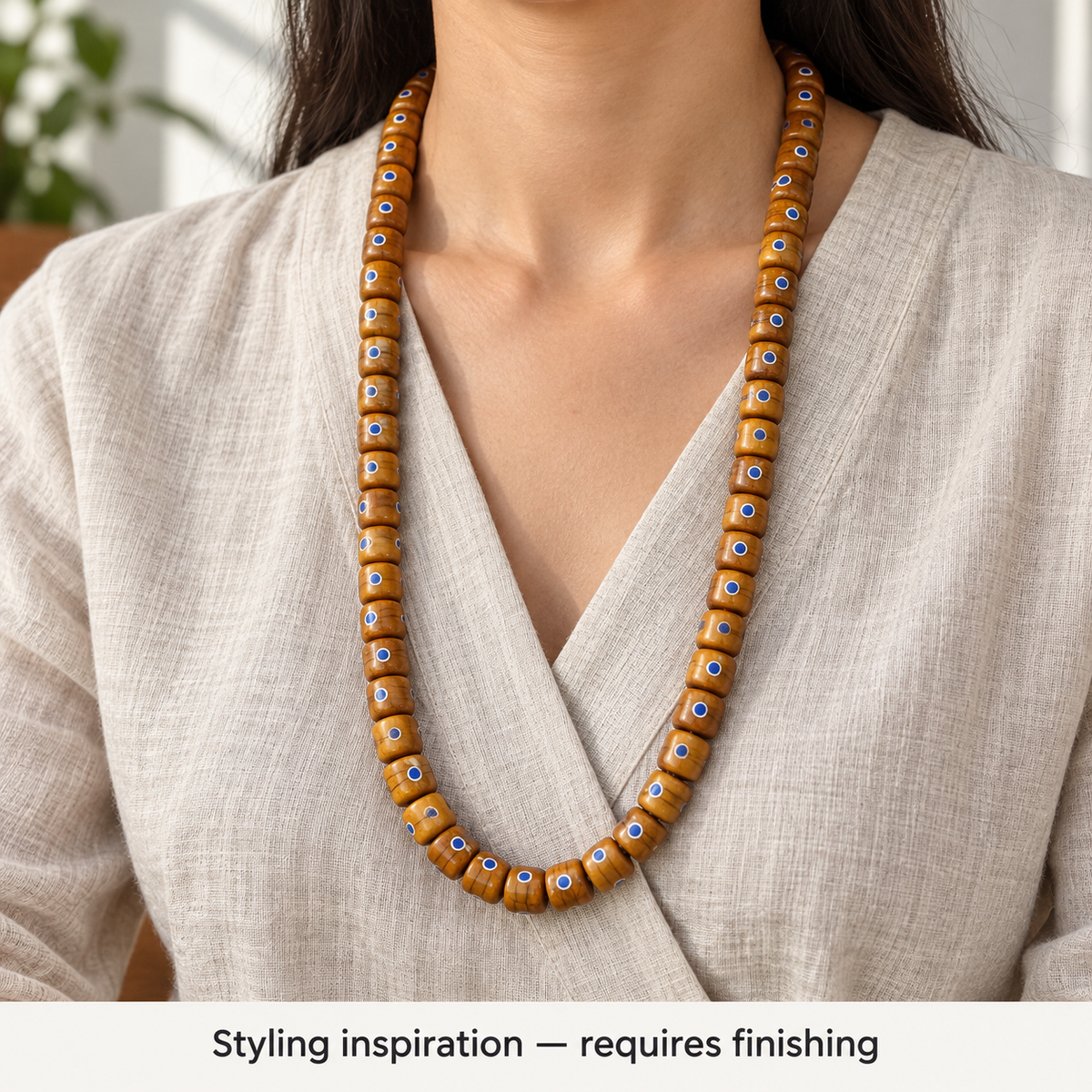 EverestArtstudios Aged Camel Bone and Lapis Inlaid Barrel-Bead 108-Bead DIY Strand — linen seated