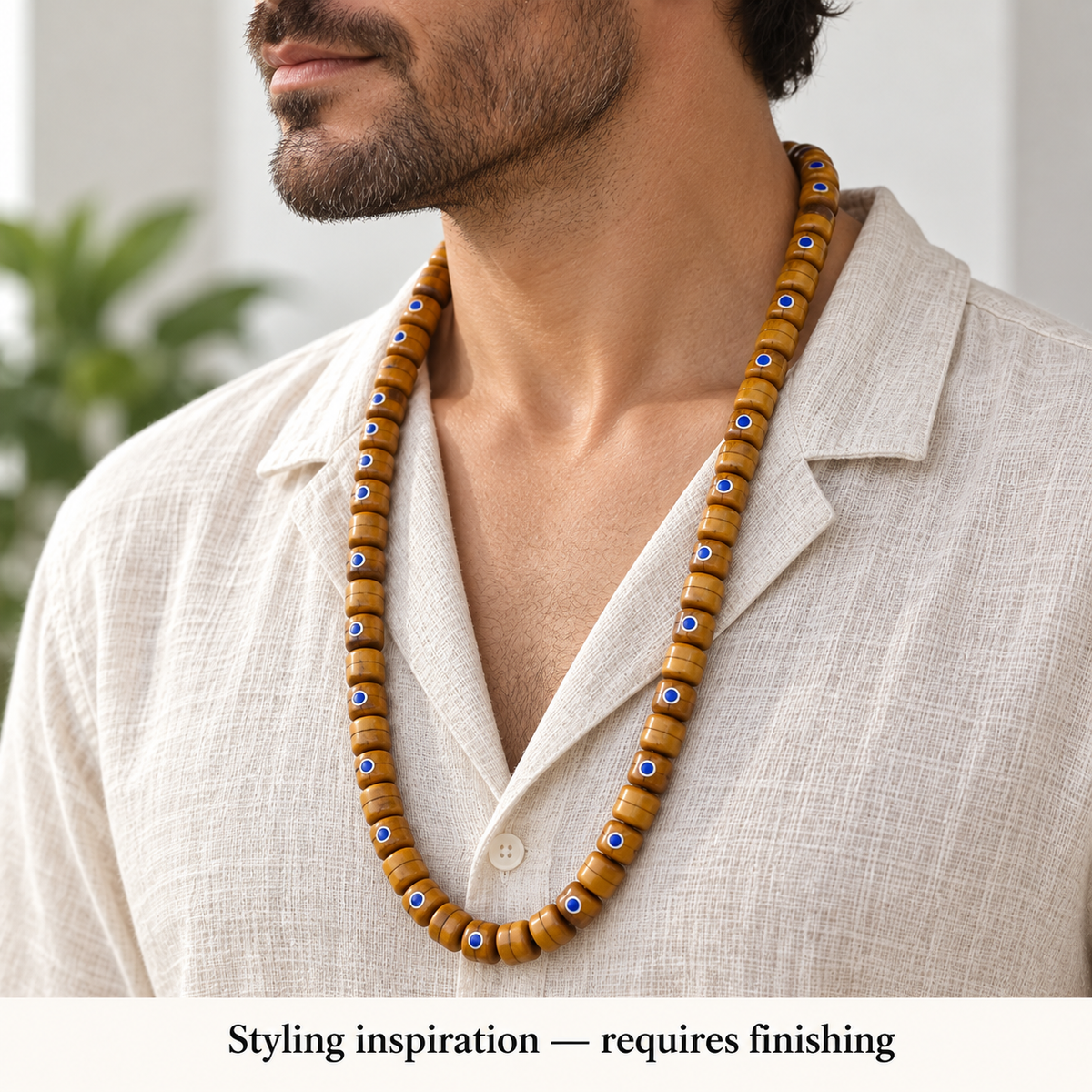 EverestArtstudios Aged Camel Bone and Lapis Inlaid Barrel-Bead 108-Bead DIY Strand — linen side