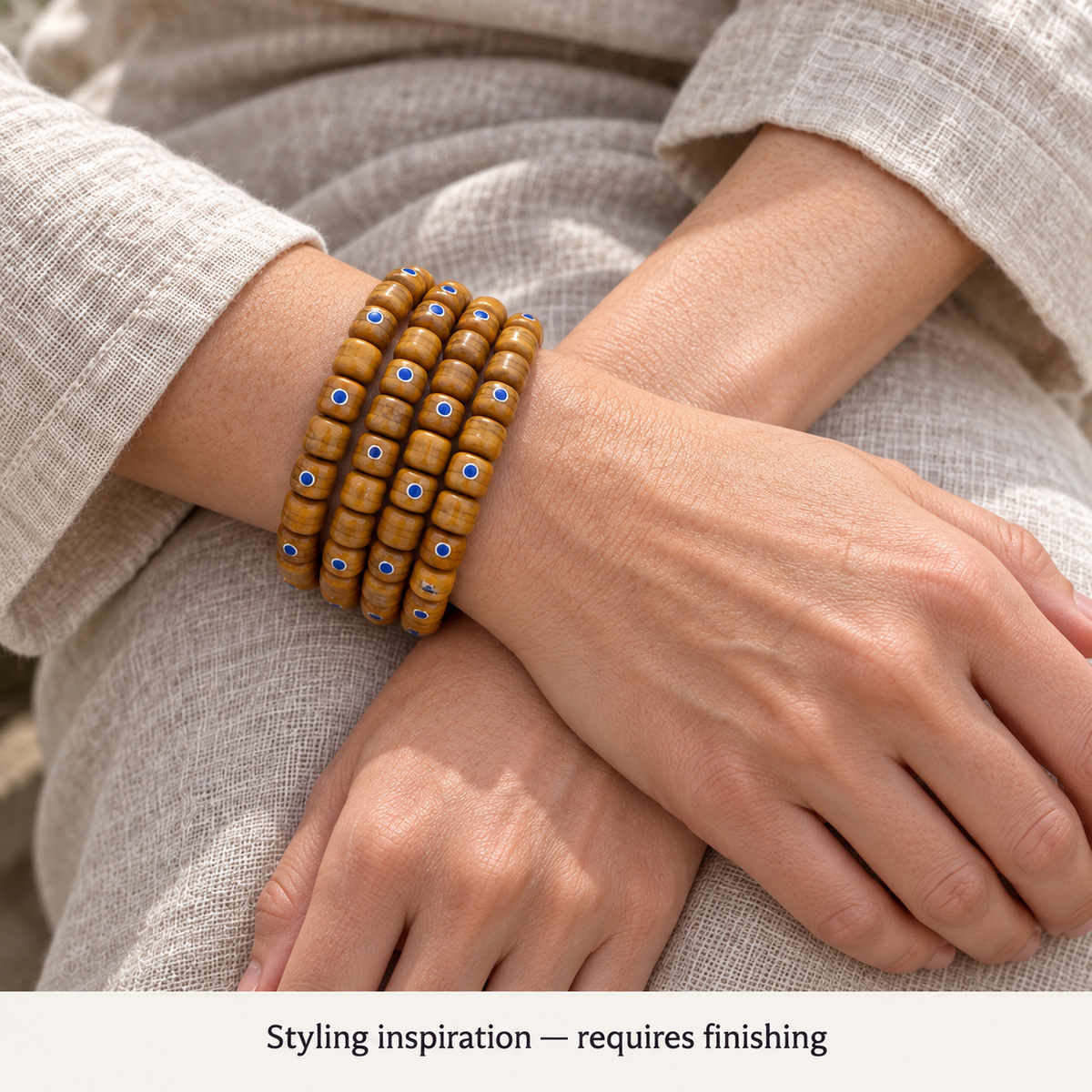 EverestArtstudios Aged Camel Bone and Lapis Inlaid Barrel-Bead 108-Bead DIY Strand — wrist crossed
