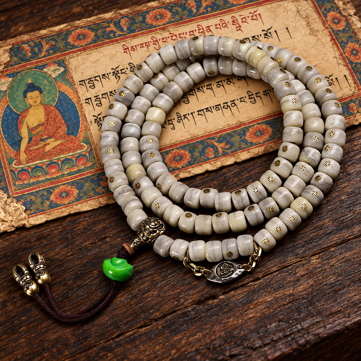 EverestArtstudios Vintage Yak Bone Antique Copper Auspicious Wan 108-Bead Mala — full product